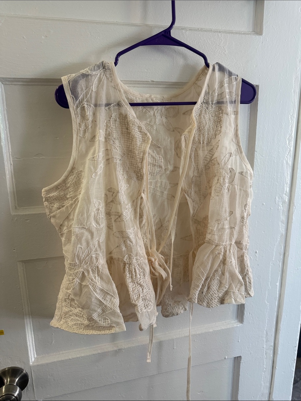 Sheer Embroidered Tie-Front Vest in Cream